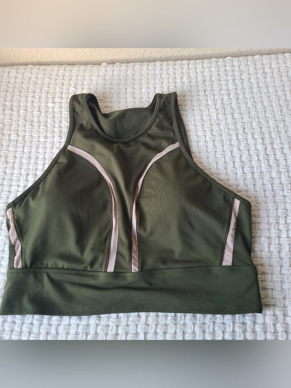 Fabletics High Neck Olive Green Sports Bra with Pink Trim Size S